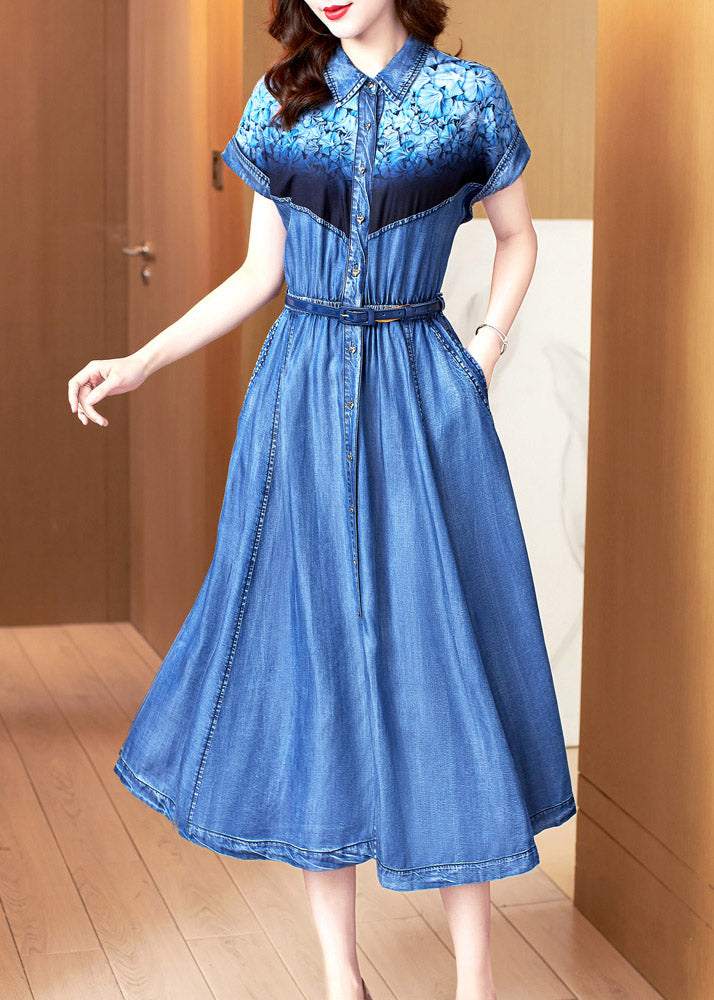 Blue Peter Pan Collar Print Patchwork Button Sashes Cotton Vacation Denim Long Dresses Summer Ac2034