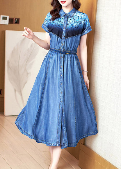 Blue Peter Pan Collar Print Patchwork Button Sashes Cotton Vacation Denim Long Dresses Summer Ac2034