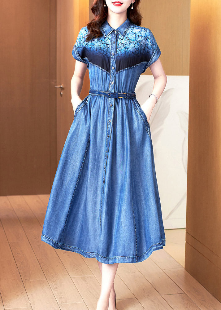 Blue Peter Pan Collar Print Patchwork Button Sashes Cotton Vacation Denim Long Dresses Summer Ac2034