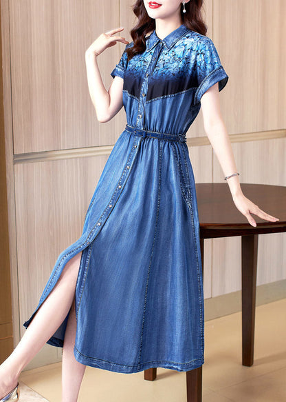 Blue Peter Pan Collar Print Patchwork Button Sashes Cotton Vacation Denim Long Dresses Summer Ac2034
