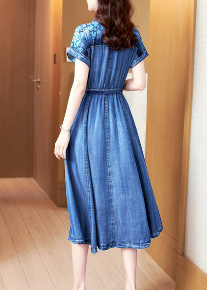 Blue Peter Pan Collar Print Patchwork Button Sashes Cotton Vacation Denim Long Dresses Summer Ac2034