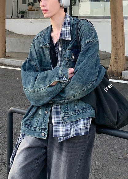 Blue Patchwork Plaid Coats Pockets Denim Spring