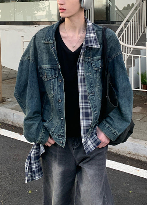 Blue Patchwork Plaid Coats Pockets Denim Spring