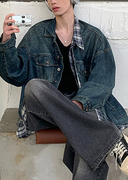 Blue Patchwork Plaid Coats Pockets Denim Spring