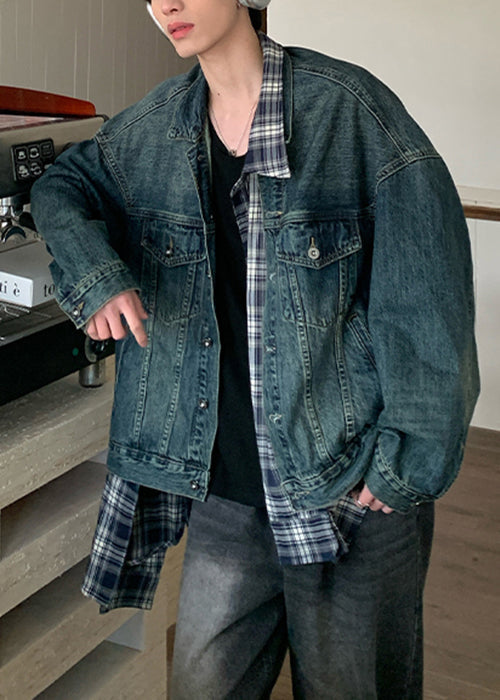 Blue Patchwork Plaid Coats Pockets Denim Spring