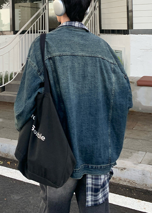 Blue Patchwork Plaid Coats Pockets Denim Spring