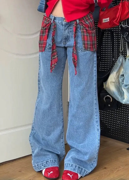 Blue Pockets False Two Pieces Patchwork Denim Pants Fall Wp053