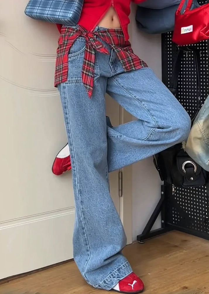Blue Pockets False Two Pieces Patchwork Denim Pants Fall Wp053