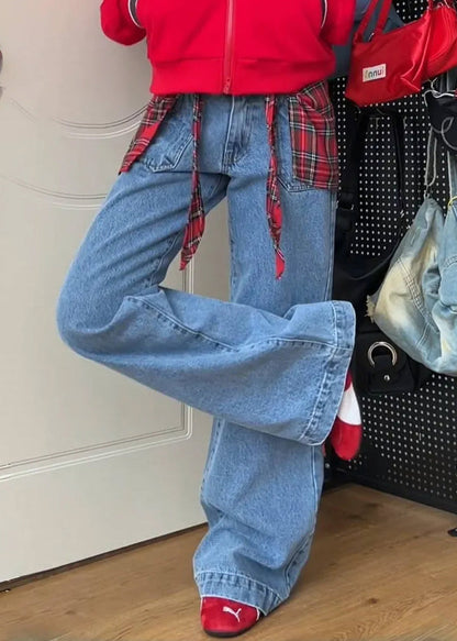Blue Pockets False Two Pieces Patchwork Denim Pants Fall Wp053