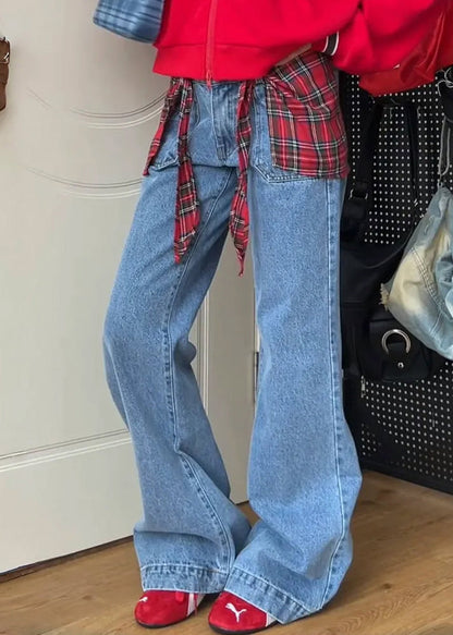 Blue Pockets False Two Pieces Patchwork Denim Pants Fall Wp053