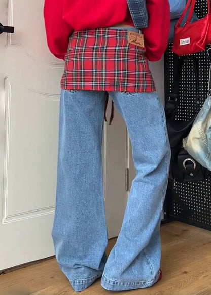 Blue Pockets False Two Pieces Patchwork Denim Pants Fall Wp053
