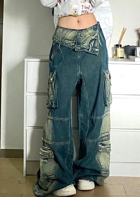Blue Pockets Patchwork Denim Fall Pants High Waist Qf046
