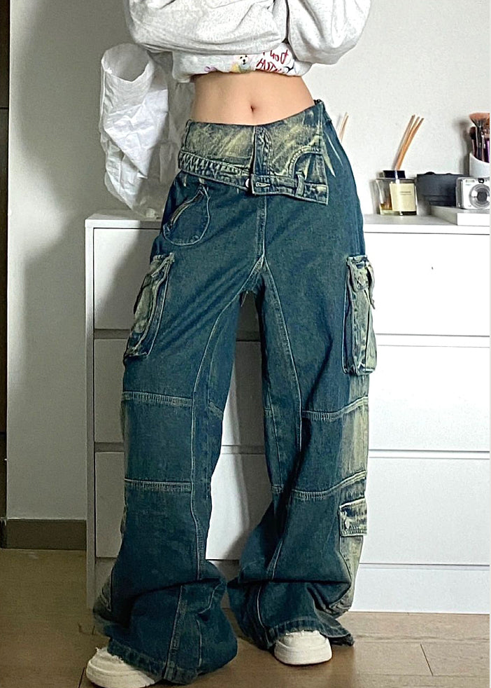 Blue Pockets Patchwork Denim Fall Pants High Waist Qf046
