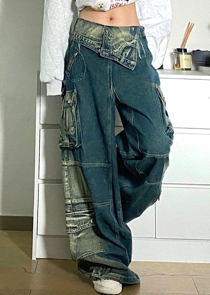 Blue Pockets Patchwork Denim Fall Pants High Waist Qf046