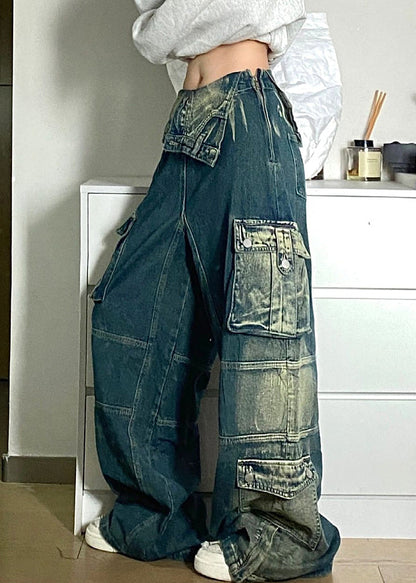 Blue Pockets Patchwork Denim Fall Pants High Waist Qf046