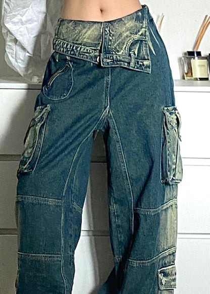 Blue Pockets Patchwork Denim Fall Pants High Waist Qf046