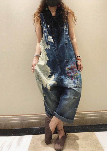 Blue Print Pockets High Waist Denim Jumpsuit Sleeveless Mn076