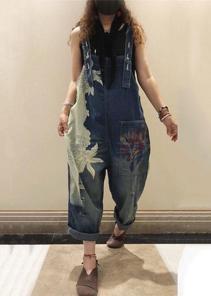 Blue Print Pockets High Waist Denim Jumpsuit Sleeveless Mn076