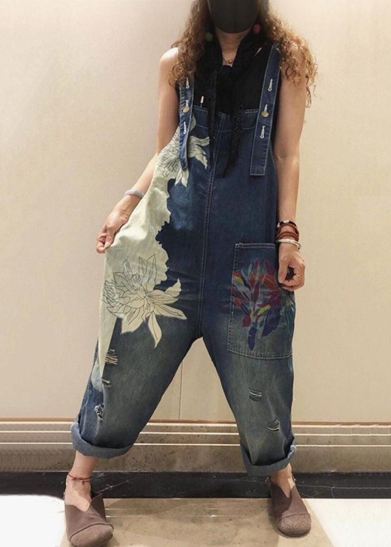 Blue Print Pockets High Waist Denim Jumpsuit Sleeveless Mn076