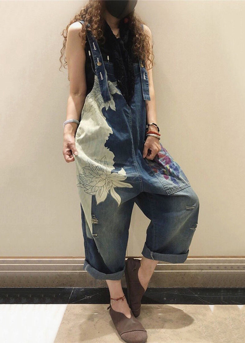 Blue Print Pockets High Waist Denim Jumpsuit Sleeveless Mn076