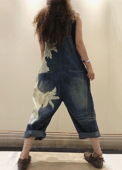 Blue Print Pockets High Waist Denim Jumpsuit Sleeveless Mn076