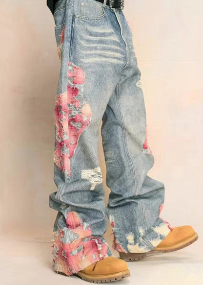 Blue Print Pockets High Waist Denim Pants Fall Aw1009