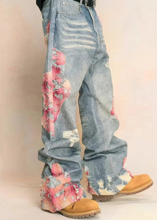 Blue Print Pockets High Waist Denim Pants Fall Aw1009