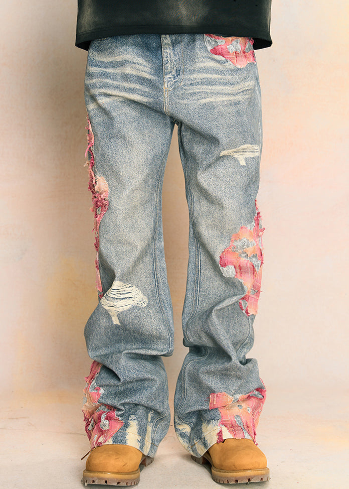 Blue Print Pockets High Waist Denim Pants Fall Aw1009