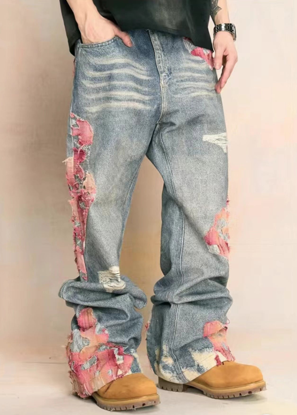Blue Print Pockets High Waist Denim Pants Fall Aw1009