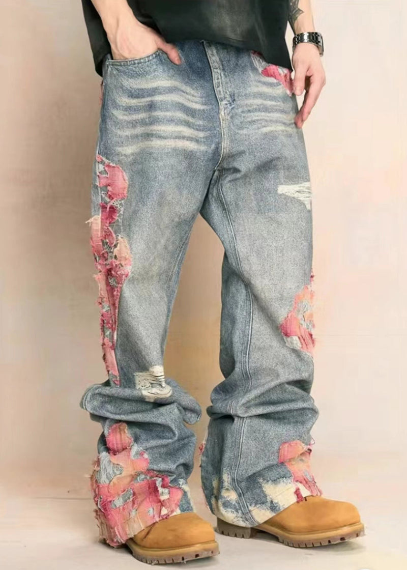 Blue Print Pockets High Waist Denim Pants Fall Aw1009