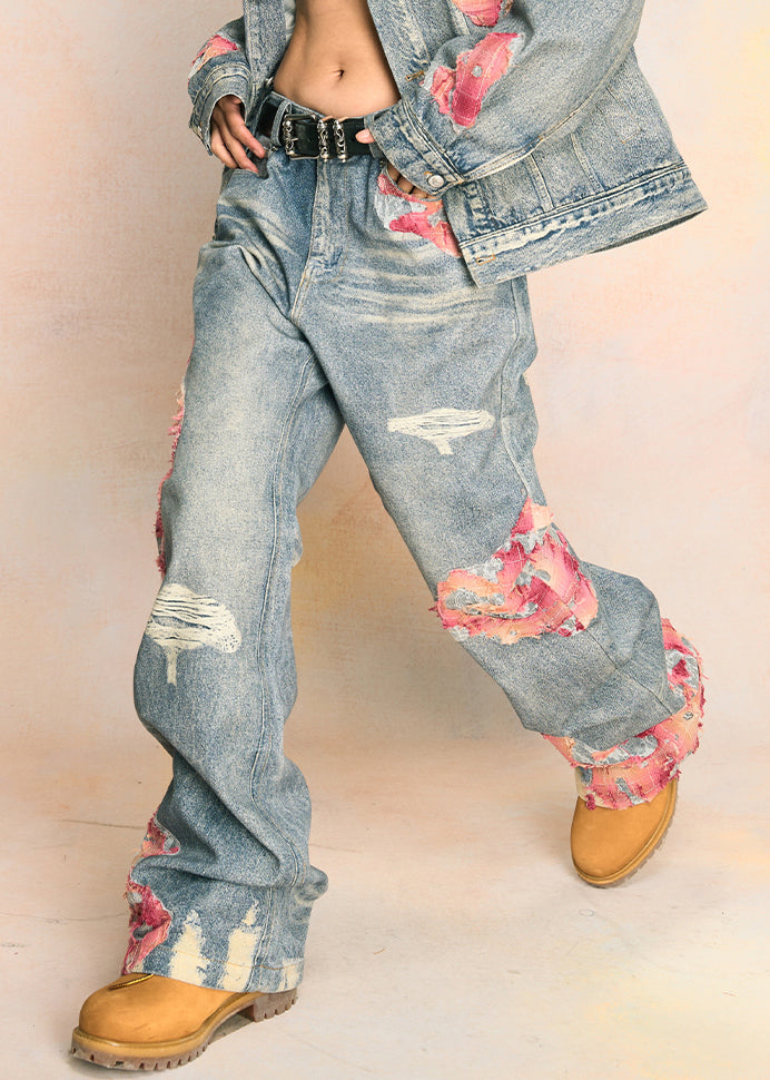 Blue Print Pockets High Waist Denim Pants Fall Aw1009