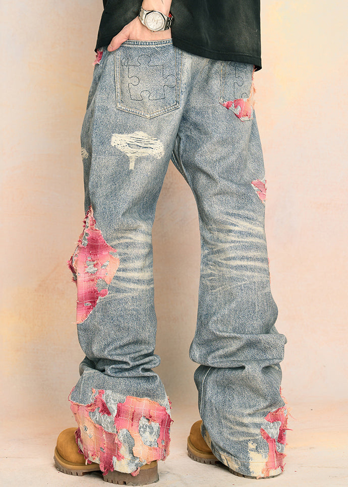 Blue Print Pockets High Waist Denim Pants Fall Aw1009