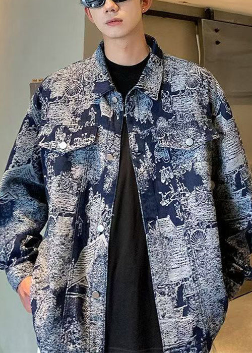 Blue Print Pockets Patchwork Coat Fall Wa026