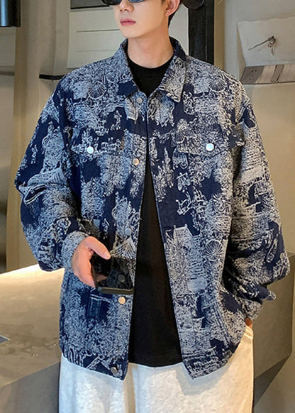Blue Print Pockets Patchwork Coat Fall Wa026