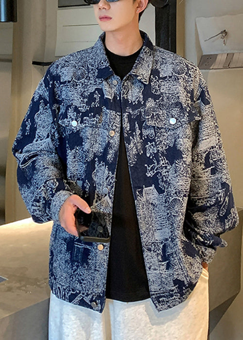 Blue Print Pockets Patchwork Coat Fall Wa026