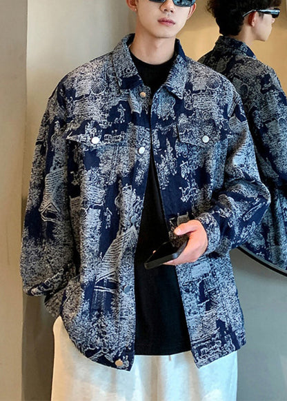 Blue Print Pockets Patchwork Coat Fall Wa026