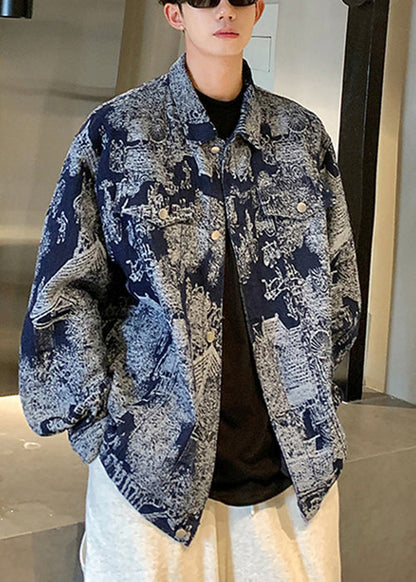 Blue Print Pockets Patchwork Coat Fall Wa026