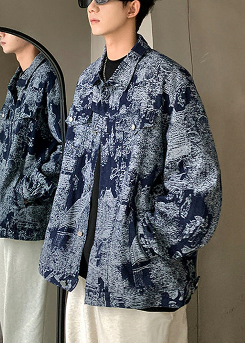 Blue Print Pockets Patchwork Coat Fall Wa026
