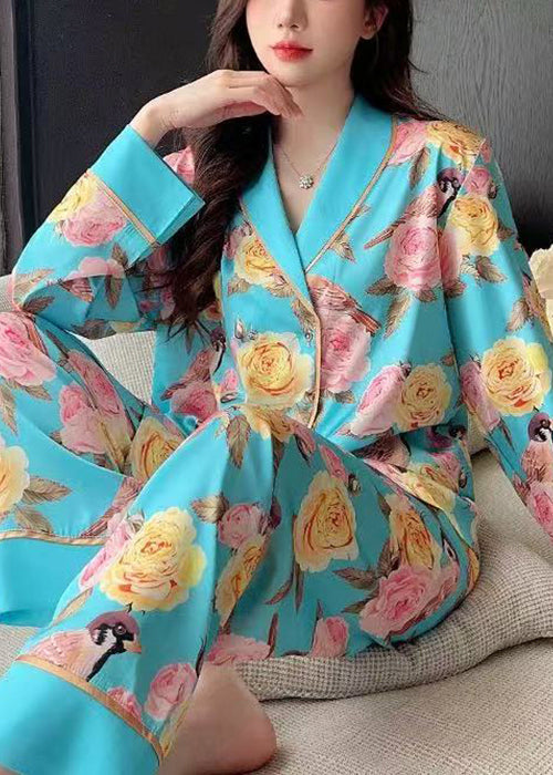 Blue Roses Print Blouses and Pants Ice Silk Pajamas Two Pieces Set Spring Yk021