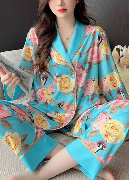Blue Roses Print Blouses and Pants Ice Silk Pajamas Two Pieces Set Spring Yk021