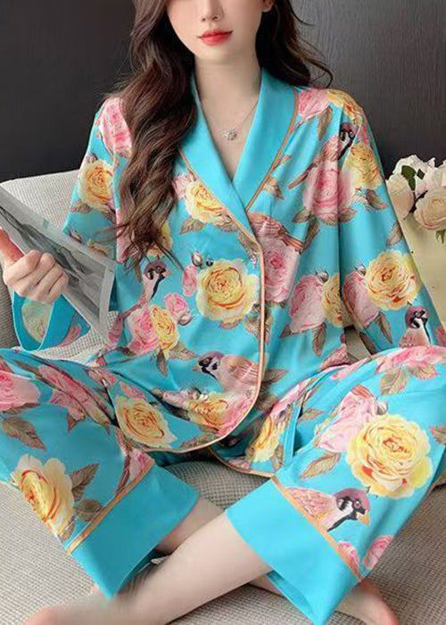 Blue Roses Print Blouses and Pants Ice Silk Pajamas Two Pieces Set Spring Yk021