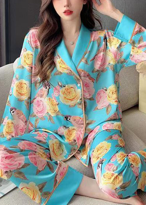 Blue Roses Print Blouses and Pants Ice Silk Pajamas Two Pieces Set Spring Yk021
