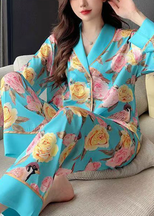 Blue Roses Print Blouses and Pants Ice Silk Pajamas Two Pieces Set Spring Yk021