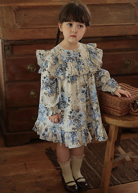 Blue Ruffled Patchwork Kids Vacation Long Dresses Fall Ss1045