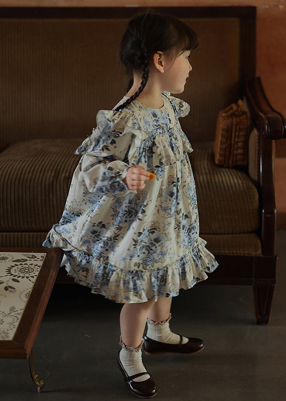 Blue Ruffled Patchwork Kids Vacation Long Dresses Fall Ss1045