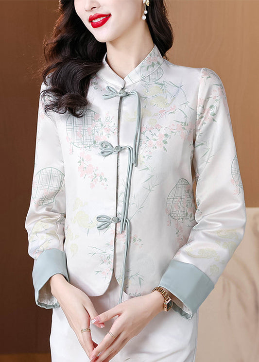 Blue Stand Collar Print Button Silk Coats Fall Qo003