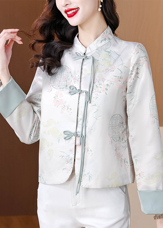 Blue Stand Collar Print Button Silk Coats Fall Qo003