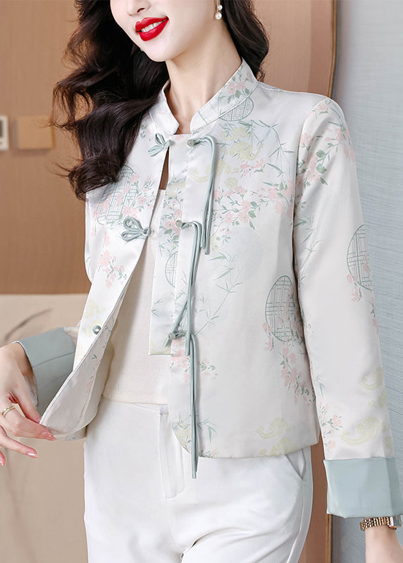 Blue Stand Collar Print Button Silk Coats Fall Qo003