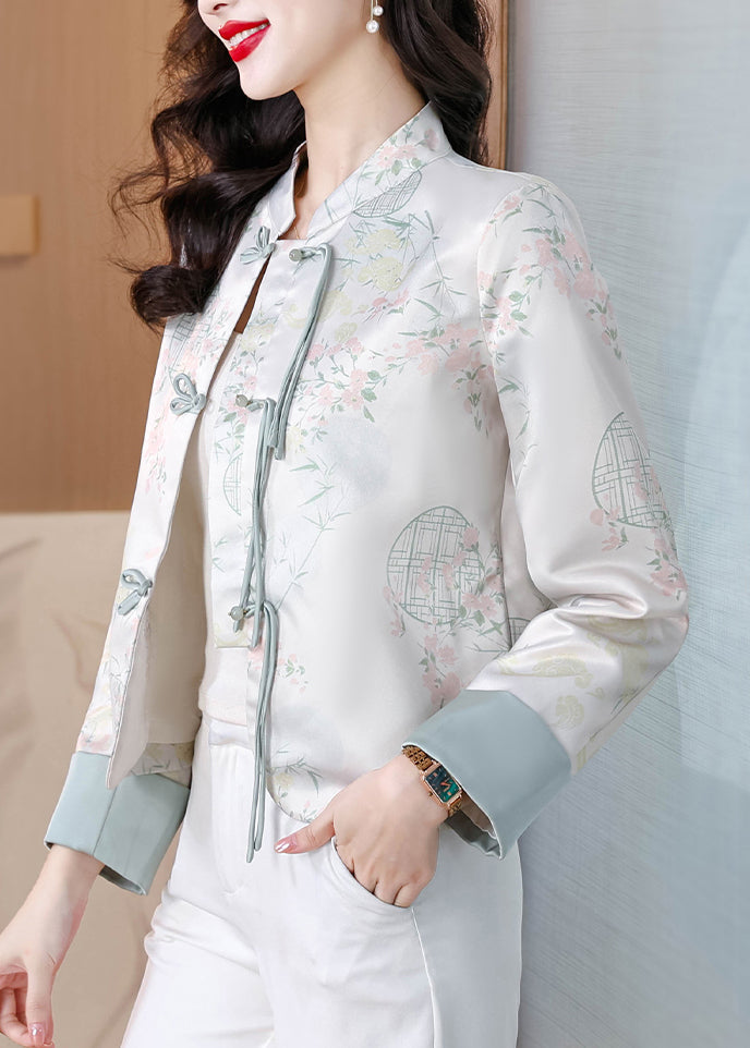 Blue Stand Collar Print Button Silk Coats Fall Qo003