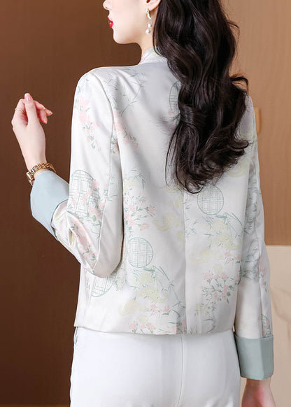 Blue Stand Collar Print Button Silk Coats Fall Qo003